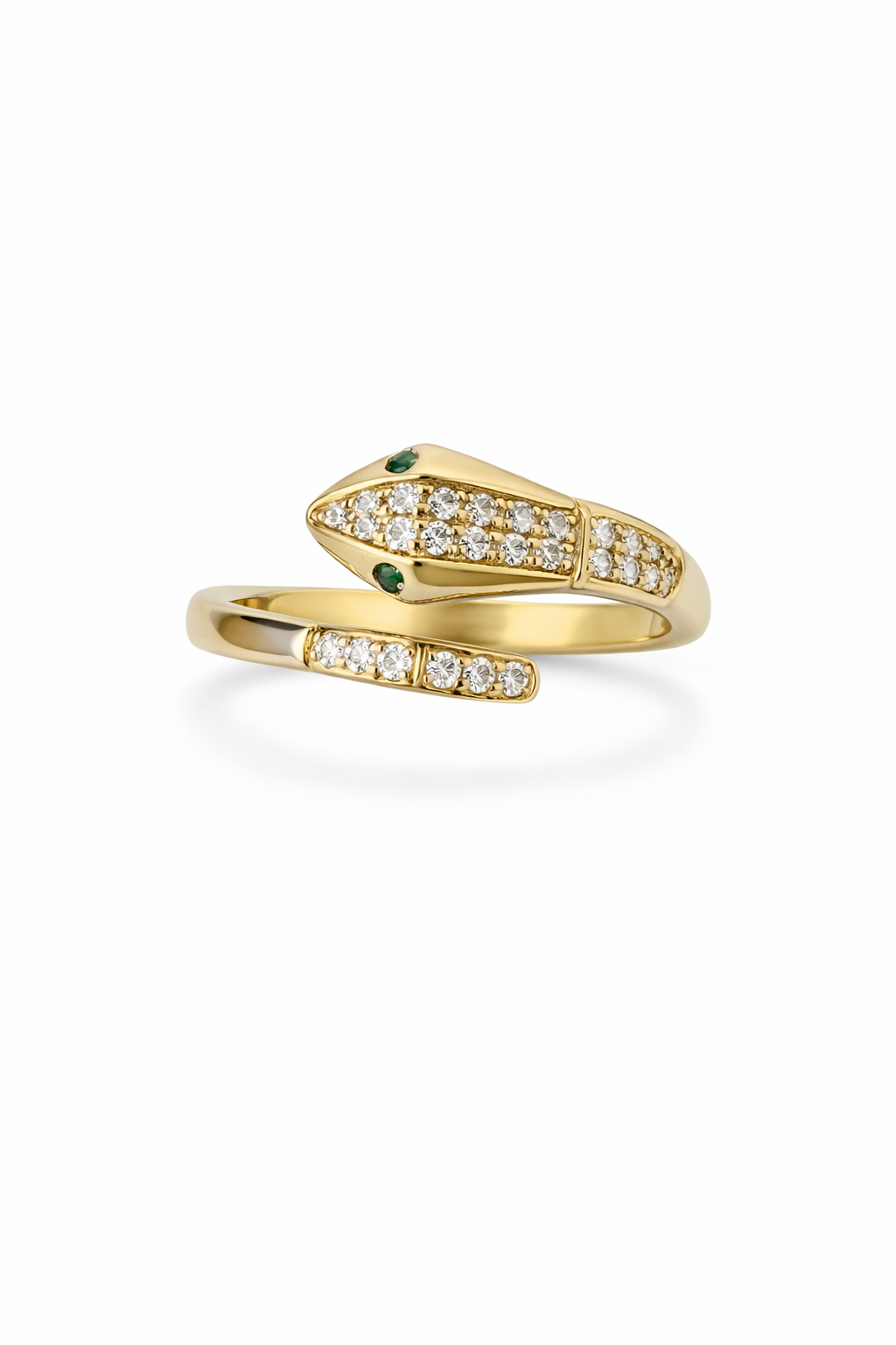 14K Gold Diamond Snake Bypass Ring with Emerald Eyes
