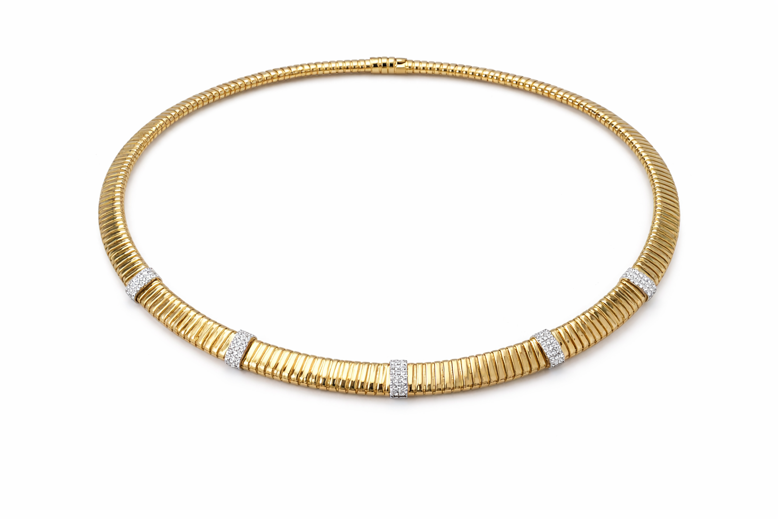 14K Yellow Gold Ribbed Diamond Collar Necklace – 14.73g