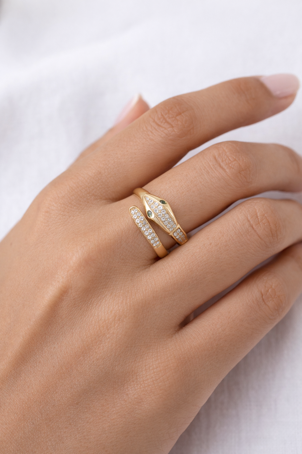 14K Gold Diamond Snake Bypass Ring with Emerald Eyes