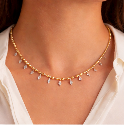 14K Gold Beaded Necklace Featuring 1.37 CT VS Gemstone Drops