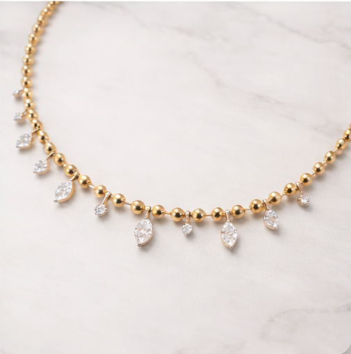 14K Gold Beaded Necklace Featuring 1.37 CT VS Gemstone Drops