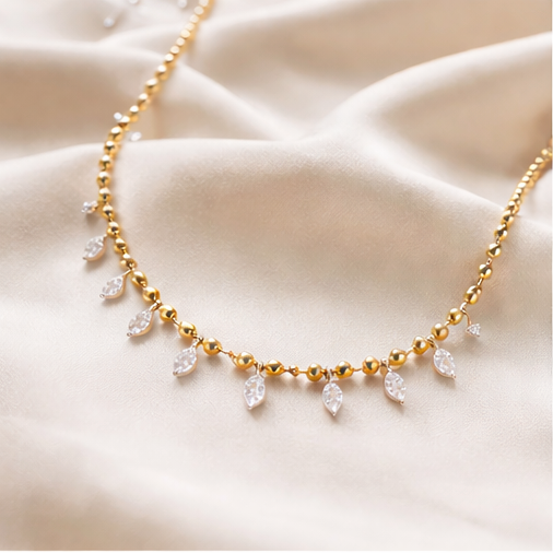 14K Gold Beaded Necklace Featuring 1.37 CT VS Gemstone Drops